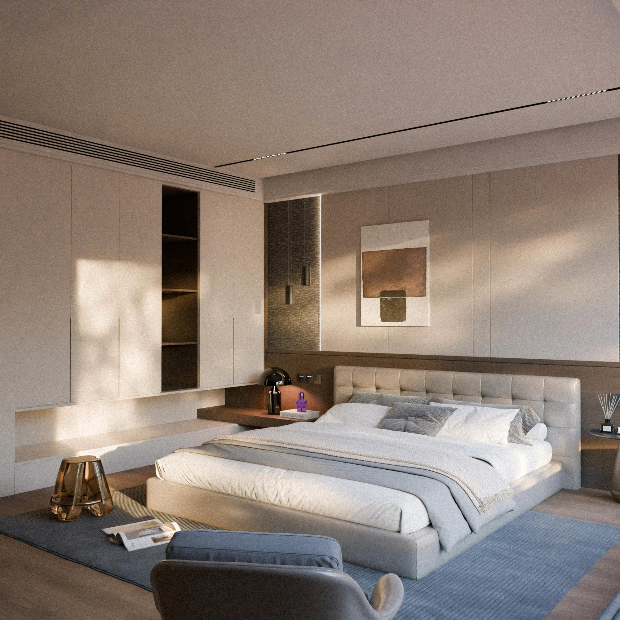 Bedroom design integrating heirloom furniture during a downsizing transition